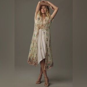 NWT Anthropologie BL^NK Sheer Embroidered Overlay Duster Boho Floral Crm Pnk OS